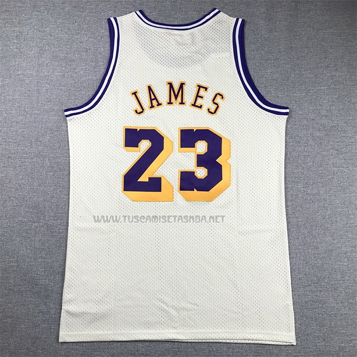 Camiseta Lebron James NO 23 Los Angeles Lakers Mitchell & Ness Chainstitch Crema